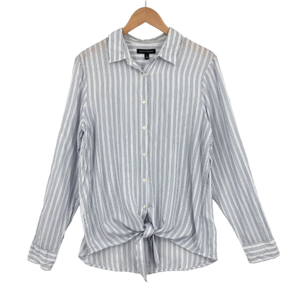 Banana Republic Button Up Shirt Womens Large White Striped Long Sleeve Knot Hem